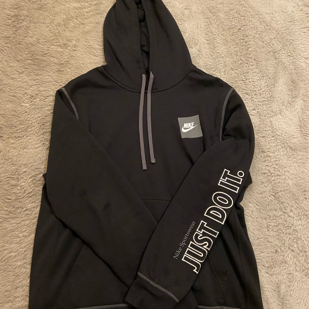Nike Men’s Black Hoodie – “Just Do It” Sleeve (Size Large)